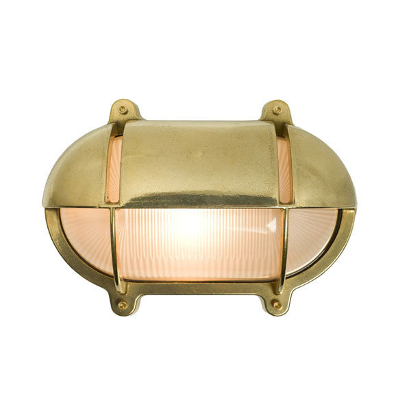 Oval Brass Bulkhead With Eyelid Shield, Medium Weather Brass